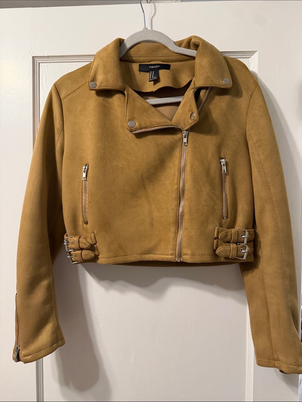 Forever 21 Suede-Look Cropped Moto Jacket - Camel Tan